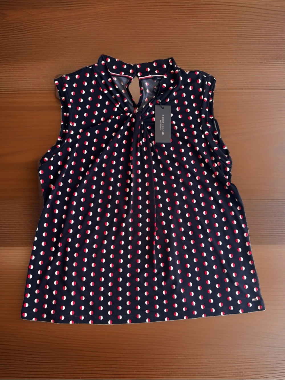 Tommy Hilfiger Navy Sleeveless Polka Dot Keyhole Top - Red & White Dots